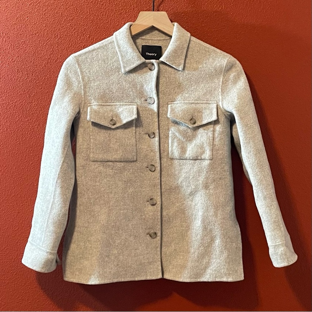 Theory Women’s Classic Gray Soft Wool Button Up Flannel Shirt Jacket